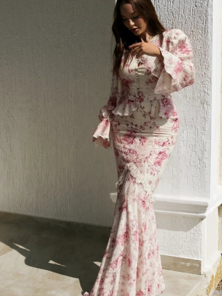 

Print Flared Sleeve Women Top Set Ruffled High Waist Lady Skirt Sets Elegant Cinched Blouse Lace Female Two Piece Suit
