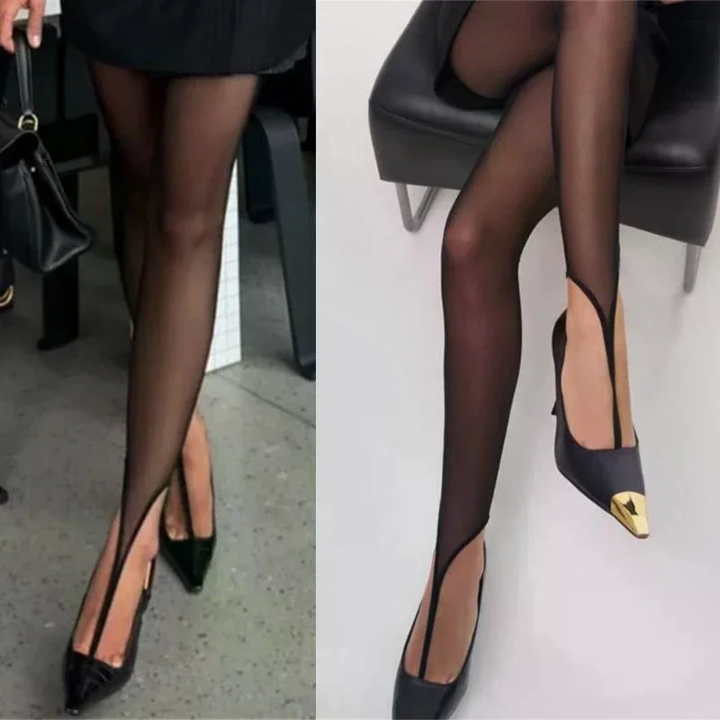 /HTF/Footless Tights With Toe Loop Design Black Stockings Elegant Office Wear Striped Mesh Pantyhose Hosiery Women's