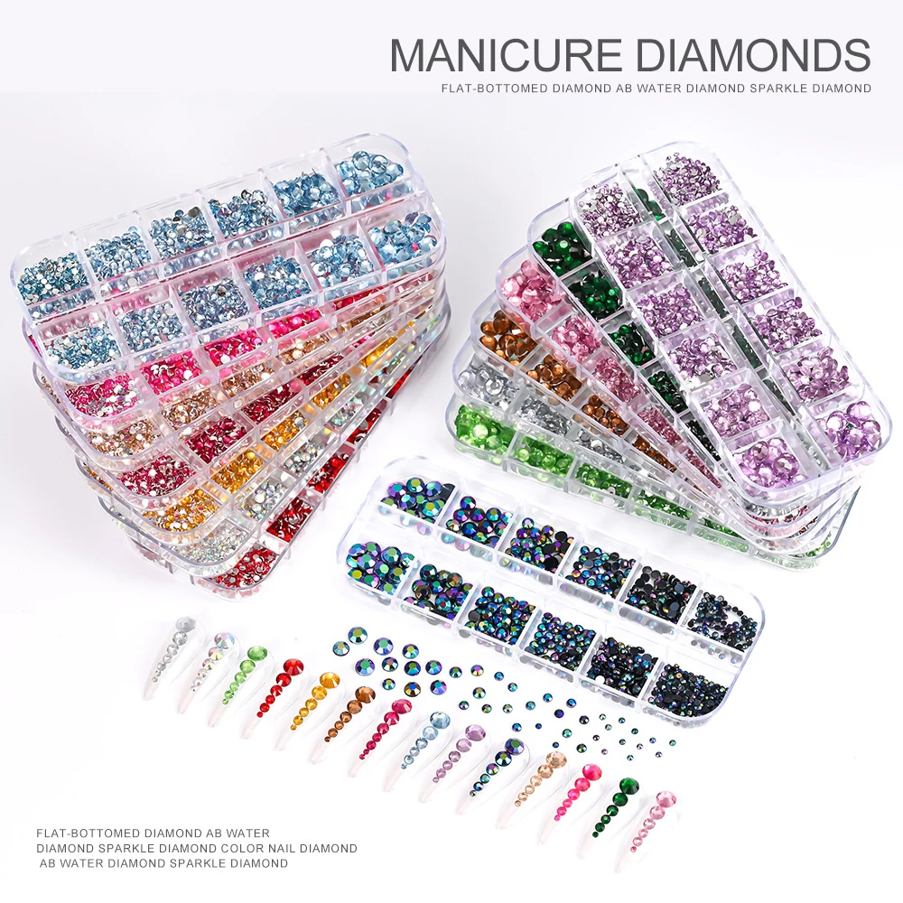 1 caixa multi-tamanho colorido cristal strass prego charme fundo plano brilhante claro diamante jóias de unhas diy engraçado decoração de unhas