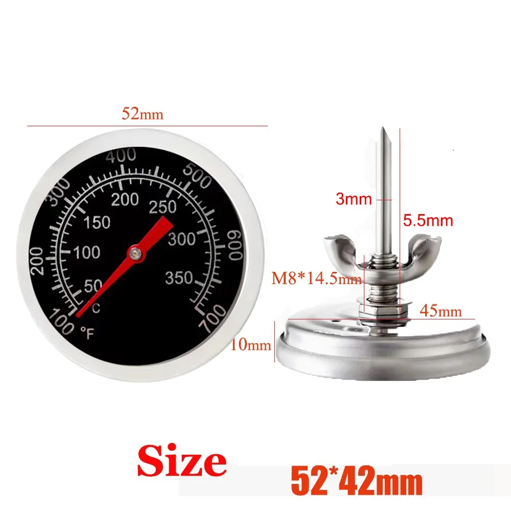 50℃-350℃/100°F-700°F 52mm Black Pizza Stove Thermometer Barbecue Oven Firewood Stove Stainless Steel BBQ Grill Temperature Test