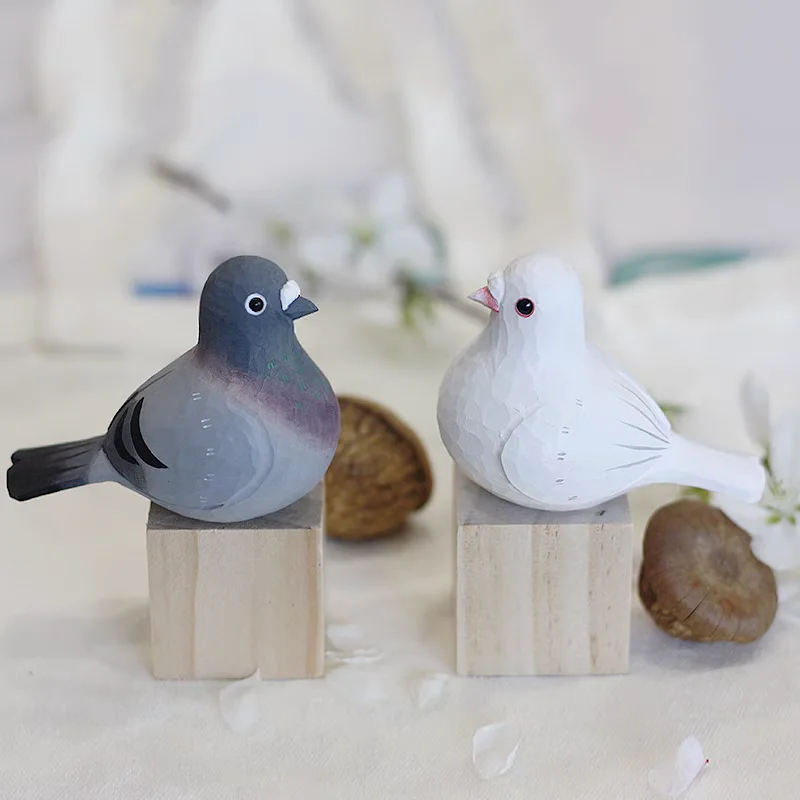 Wood Carved Birds | Paloma de la Paz Decor | Palomas Blancas y Grises | Tallado Madera Artesanal | Adorno Mesa Madera Maciza