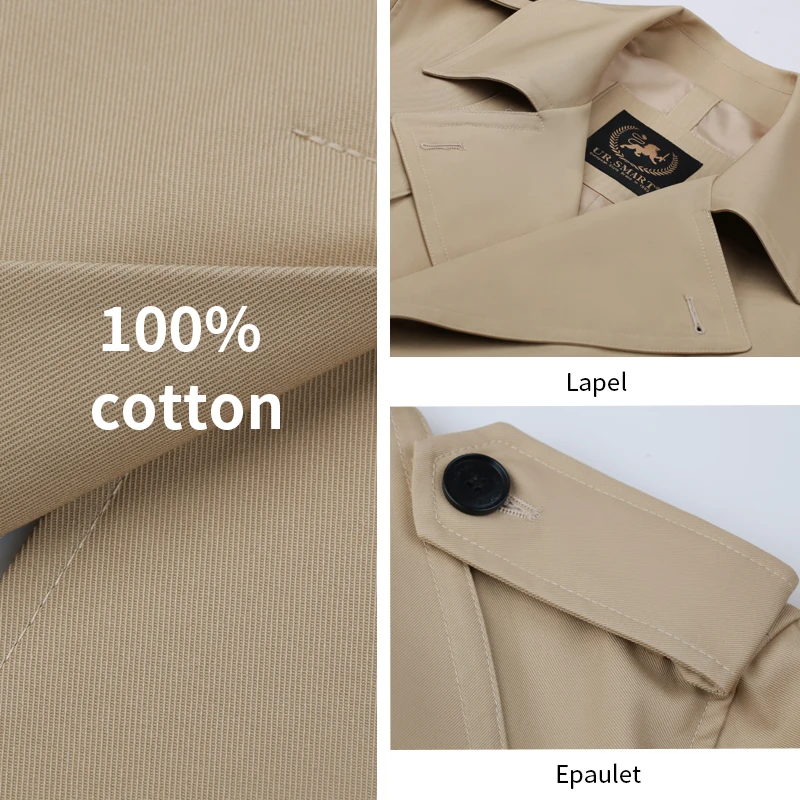 Cotton short trench coat for men large lapel with double breasted fashionable khaki thickened down inner  for warmth loose windb