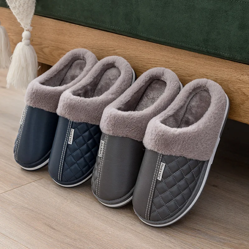 

New Warm Slippers Indoor Waterproof Winter Plush Furry Slipper Men's Cotton Shoes Thick Sole Couples Non-Slip Soft Home Slides