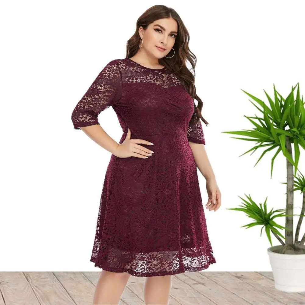 Robe en dentelle à col rond pour femme, manches 3/4, taille haute, robe creuse, tunique d'été élégante, streetwear pour la fête, été