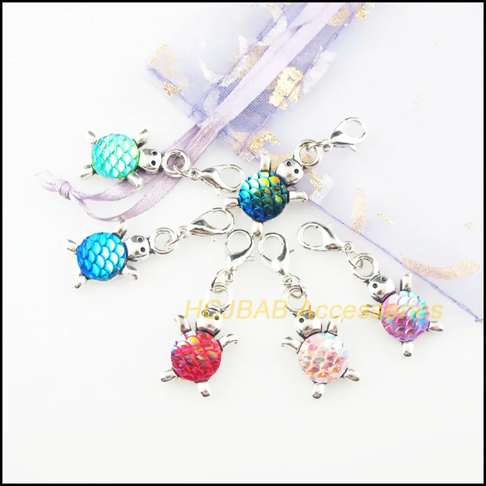 12 New Tortoise Mixed Charms Resin Animal Pendants With Lobster Claw Clasps Tibetan Silver Plated 14x23mm