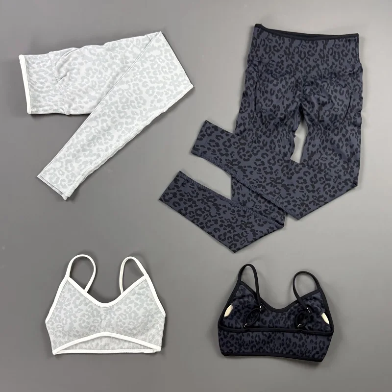2 Pcs Leopard Print Seamless Sports Set Contrast Edge Yoga Bra Slim Fit Long Pants Stretchy Breathable Gym Running Tracksuit