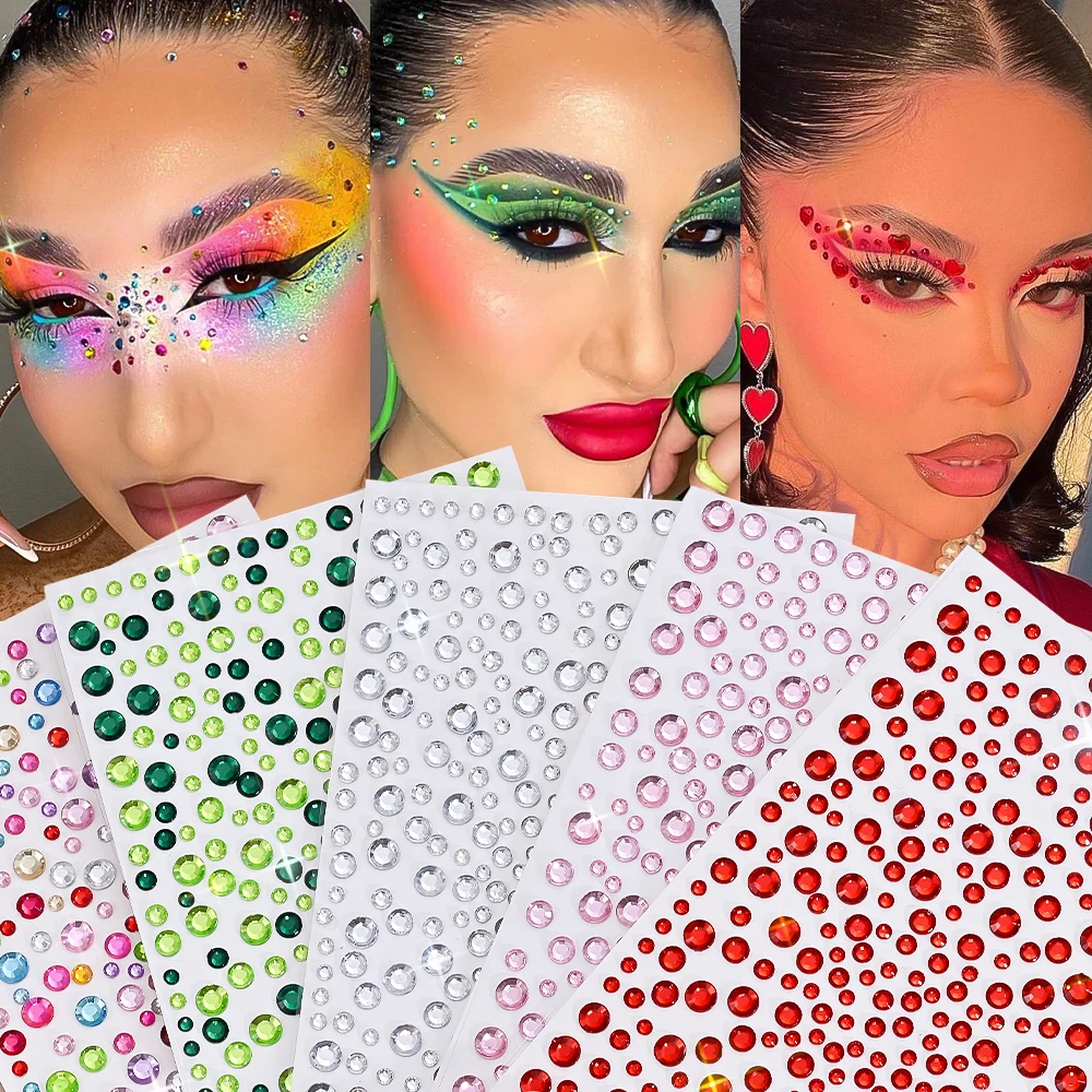 5Pcs/Set 3D Colorful Round Gems Face Stickers Mixed-Sizes Self-adhesive Crystal Tattoo Decals for Eye Body Makeup Jewelry Decor