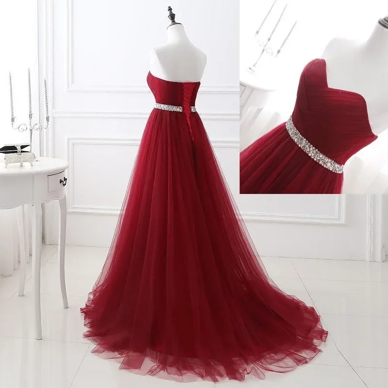 

Evening Dresses Strapless Burgundy Sweetheart A-Line Beading Lace-up Formal Prom Dress Wedding Party Ball Gown