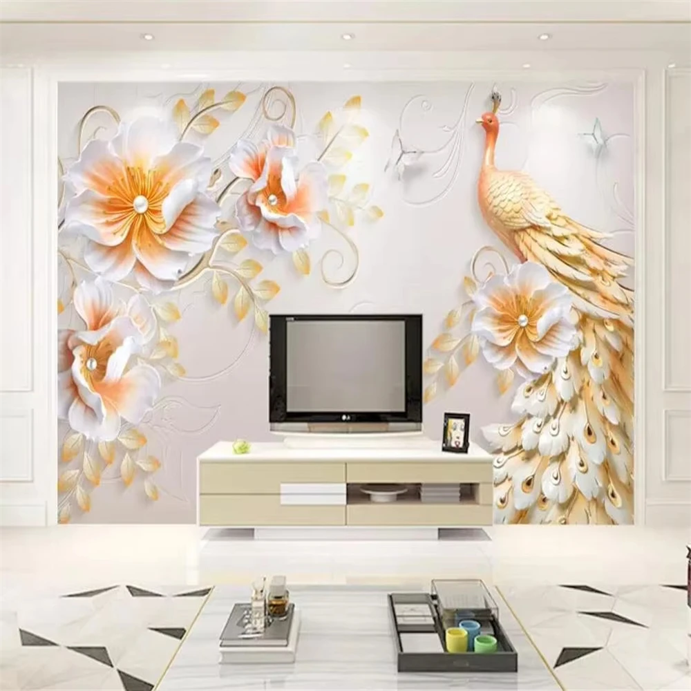 custom Photo Wallpaper for Walls Embossed peacock Painting Living Room Sofa TV Background Mural Wall Paper roll TV background