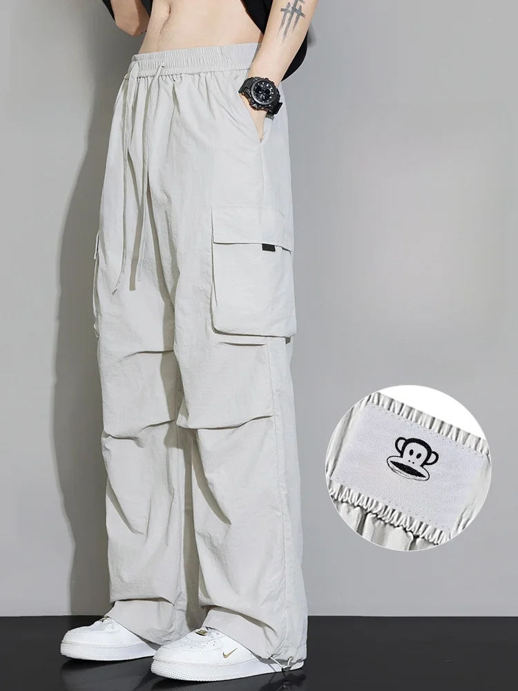 

Мужские повседневные брюки Paul Frank: летние, тонкие, из ледяного шелка, быстросохнущие, в стиле парашютиста, рабочие, свободного кроя, молодежные, прямые штаны