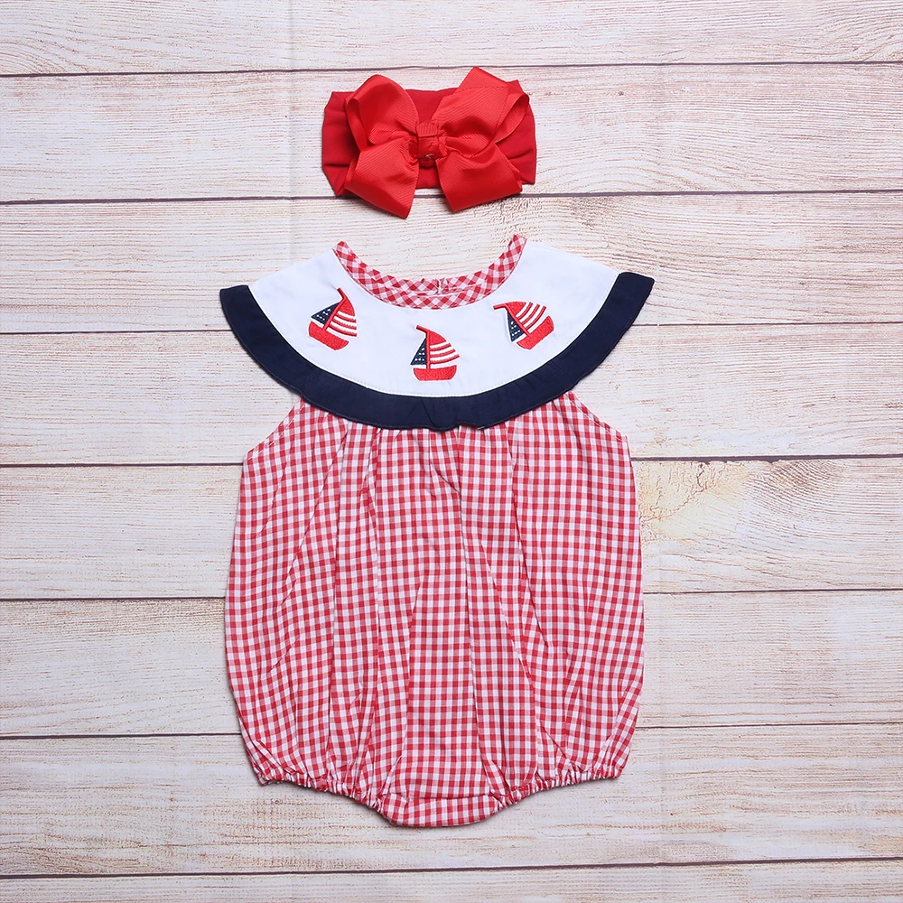 Baby Girls Clothes Girl Romper For Summer New Style Beautiful Sailboat Embroidery Romper Pretty Red Grid Baby Jumpsuit For Girls