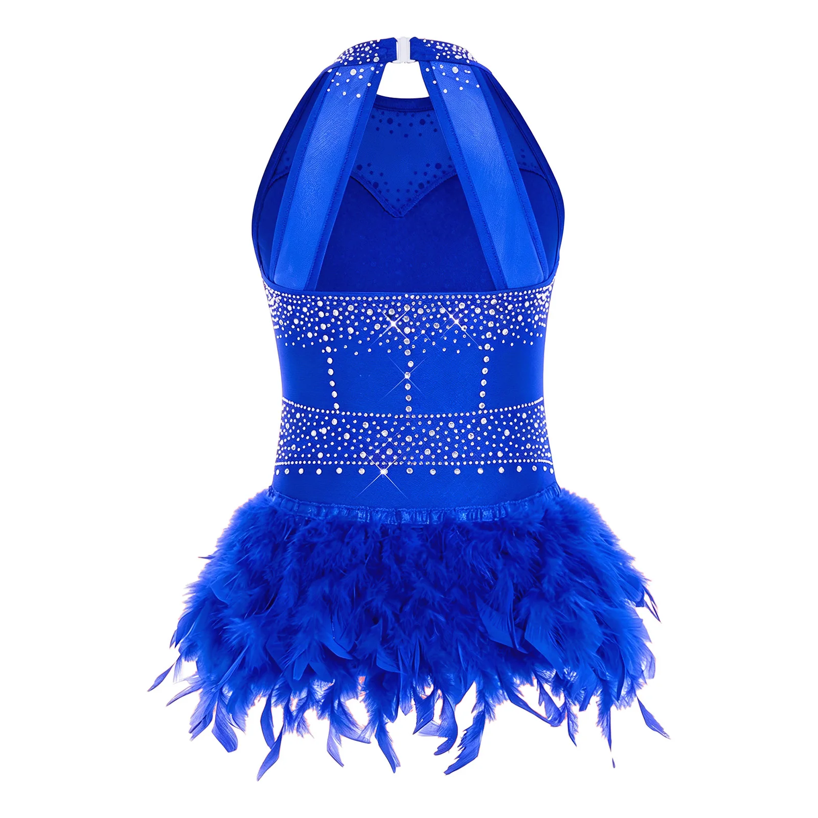 Kids Girls Feather Jazz Latin Dance Leotard Glittery Rhinestone Sleeveless Bodysuit Dancewear for Stage Performance Chacha Tango