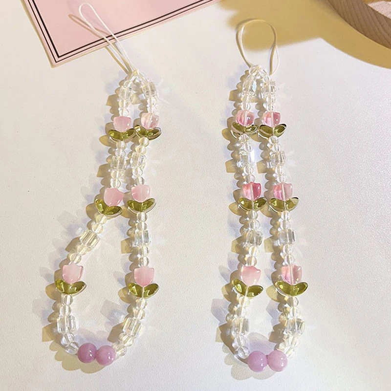 Simple Tulip Flower Beaded Phone Chain Lanyard New Jewelry For Women Party Gift Crystal Charm Cell Phone Case Cord