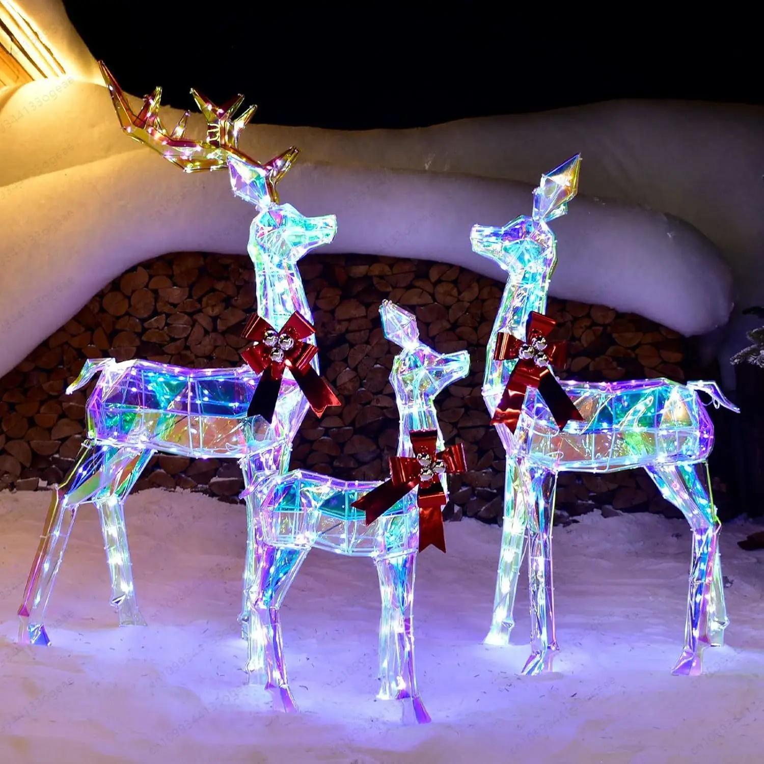 Jmz-Outdoor Christmas Decorations Deer Family - 3-Piece Lighted Prismatic Reindeer - Outside Yard Decor Kit, Stakes, Zip Ties