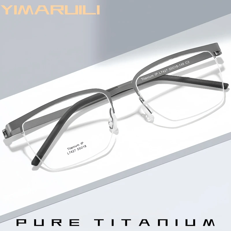 

YIMARUILI Luxury Pure Titanium Men's Business Half-frame Glasses Super Light Flexible Retro Optical Prescription Eyeglasses L742