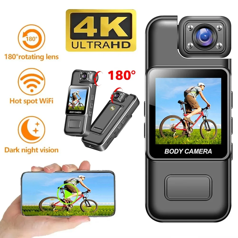 Ultra HD 4K Wifi Cámara Digital Video Mini Grabadora portátil de aplicación de la ley 180 ° Cámara para deportes al aire libre con lente giratoria