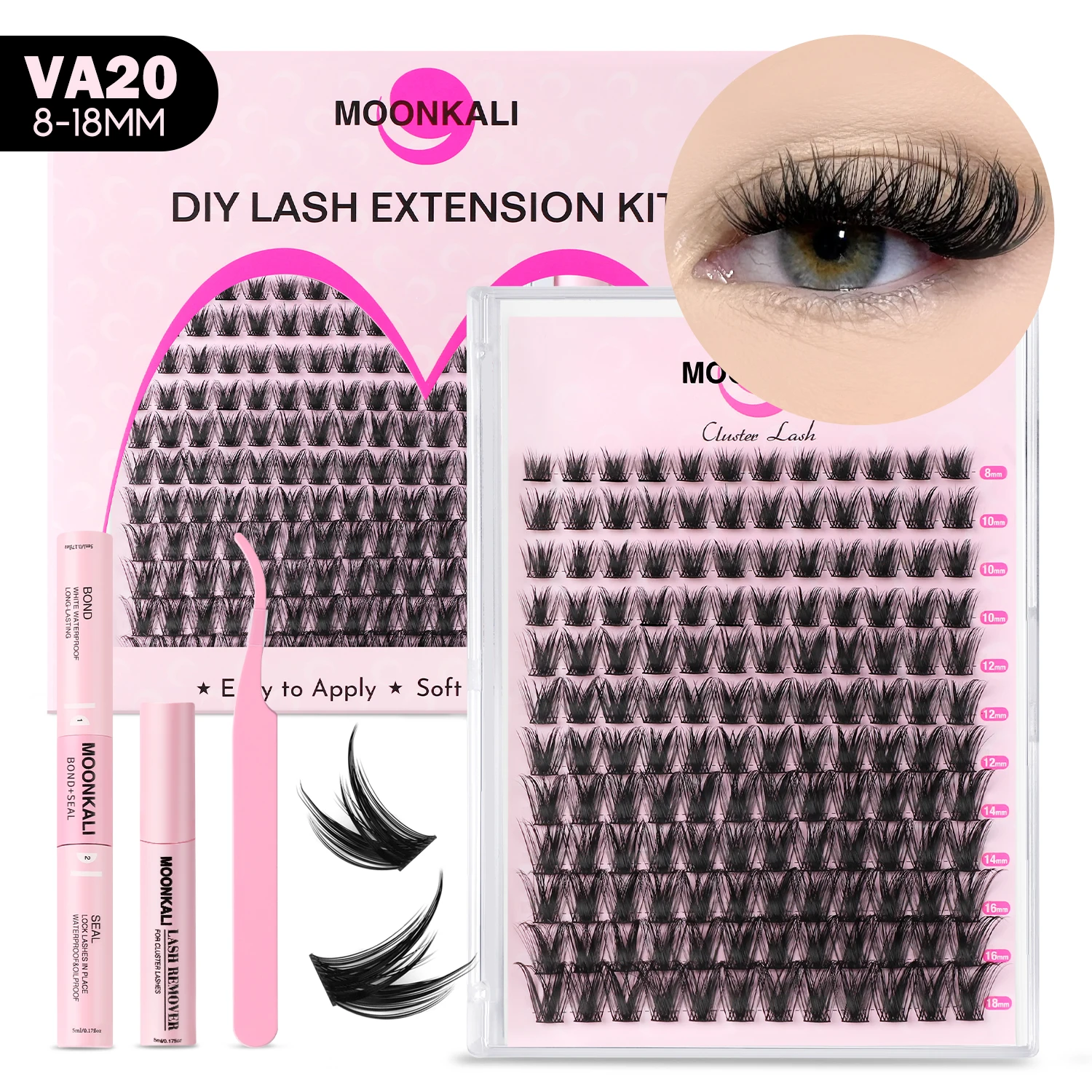

MOONKALI DIY Eyelash Extension Kit Individual Lashes Cluster 8-18mm Mix Lash Clusters Bond and Seal and Lash Applicator Makeup