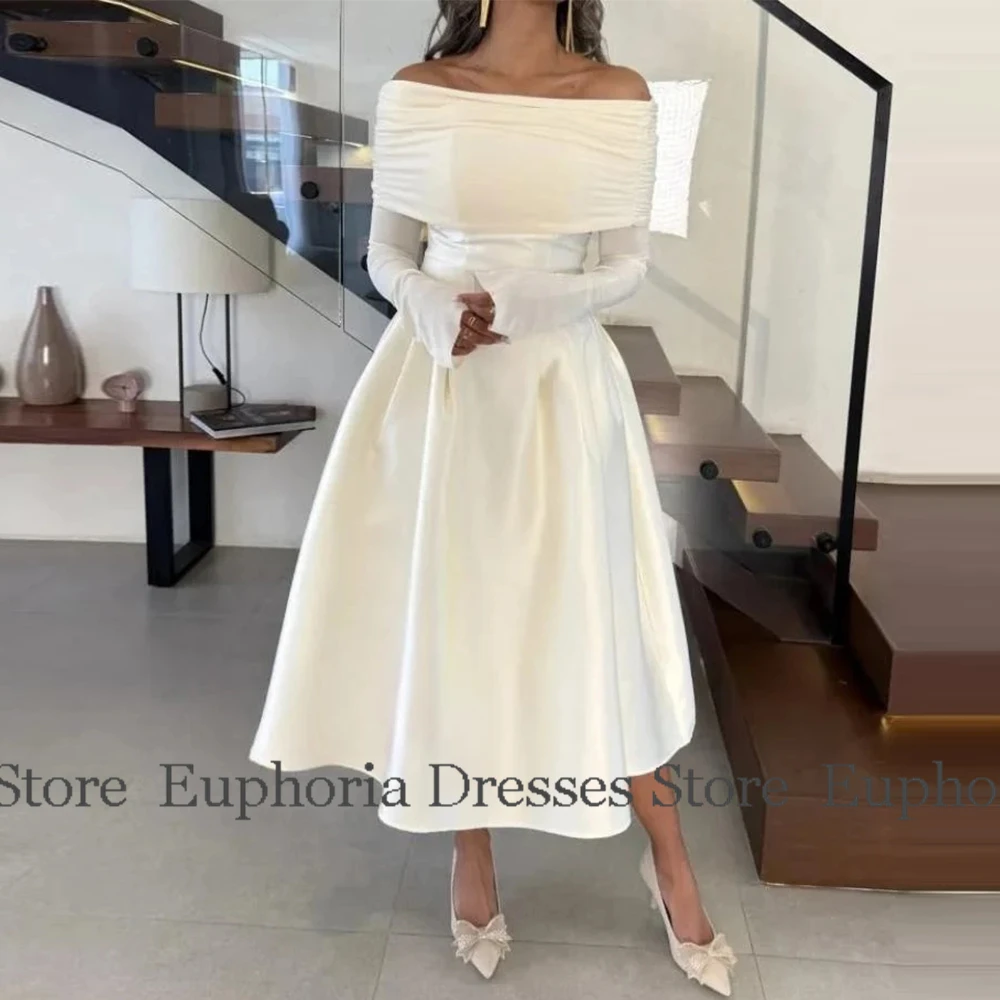 A-Linie Damen-Cocktailkleider 2025, schulterfreies Satin-Abschlussballkleid, elfenbeinfarbene Falte, gerüscht, maßgeschneidertes Anlasskleid, Midi – Detail 3