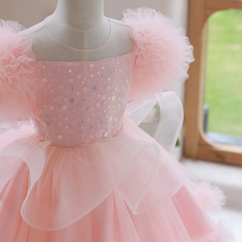 

Girl's Ceremonial Dress 2023 Kids Flower Girl Dresses For Weddings Toddlers Sequined Petal Sleeves Tulle Dress Children Birthday