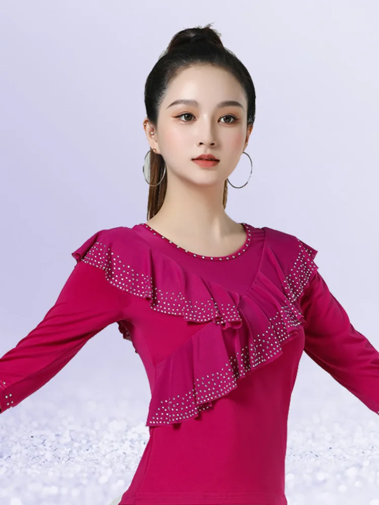 Ruffles Ballroom Long Sleeves Standard Latin Dance Top Dancewear Women Rhinestones Waltz Wear Luxury Jazz Competition Skirt