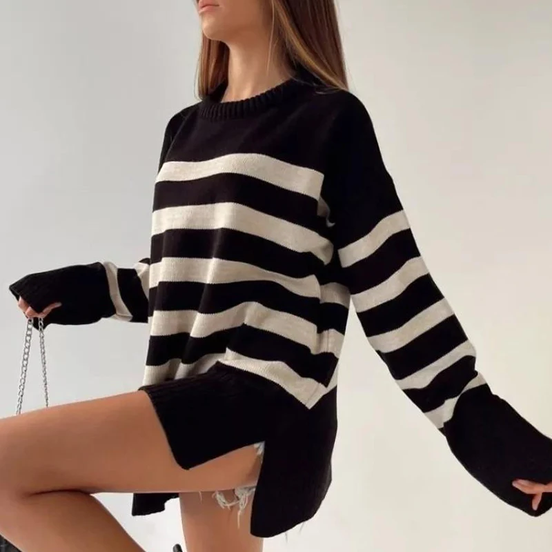 Fall Casual Striped Print Knitted Sweater Women Elegant O Neck Loose Top Pullover Winter Long Sleeve High Street Knitwear Jumper