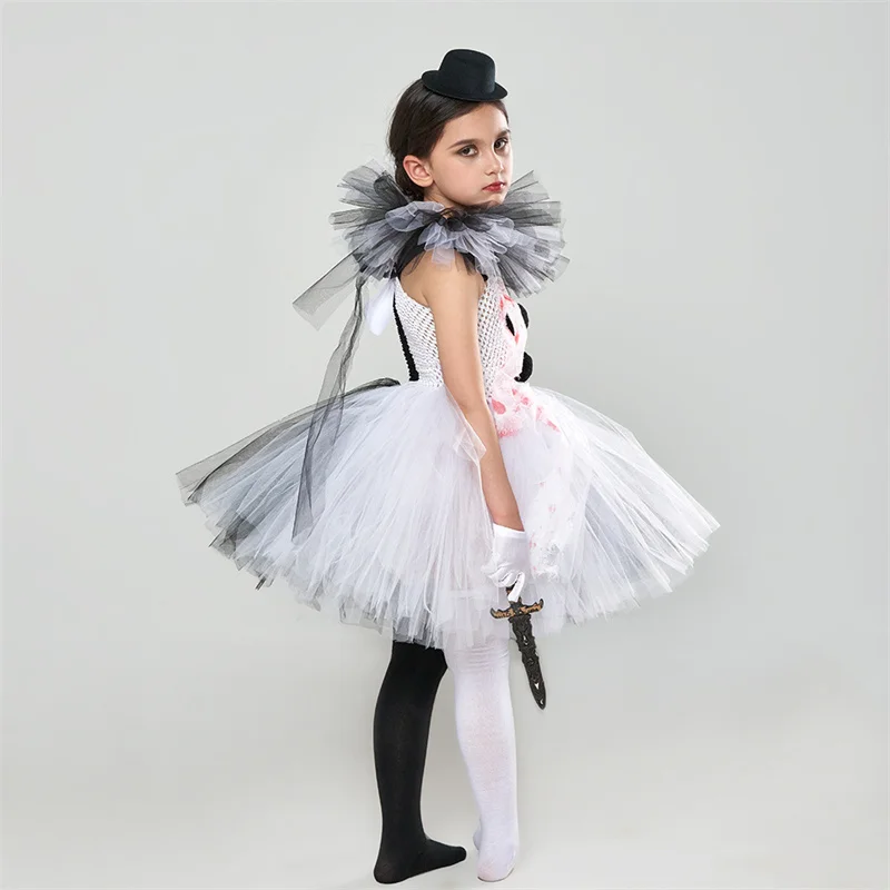 Robe de Cosplay en Patchwork Noir et Blanc pour Fille, Costume de Clown Gothique Effrayant, en Tulle Trempé, pour ixd'Halloween et Carnaval