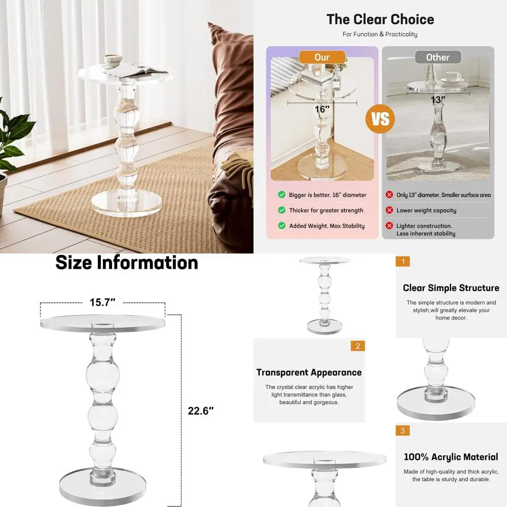 

Modern Clear Acrylic Round Side/End Table with Support Rod for Living Room and Bedroom Use