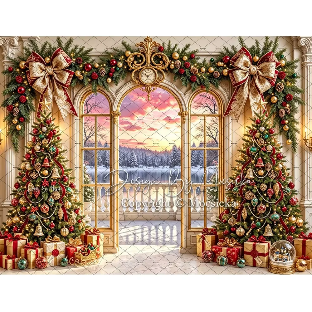 Mocsicka Golden Christmas Door Backdrop Photography Window Xmas Tree Nutcracker Gift Background Winter Kids Holiday Photo Studio
