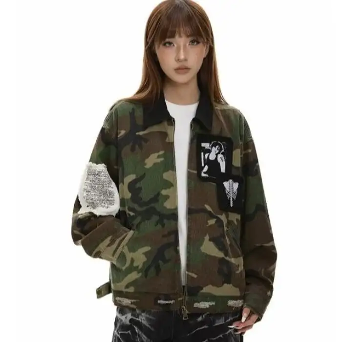 

Мужская ветрозащитная куртка свободного кроя в американском стиле с камуфляжным принтом, на молнии, из полиэстера, с длинными рукавами