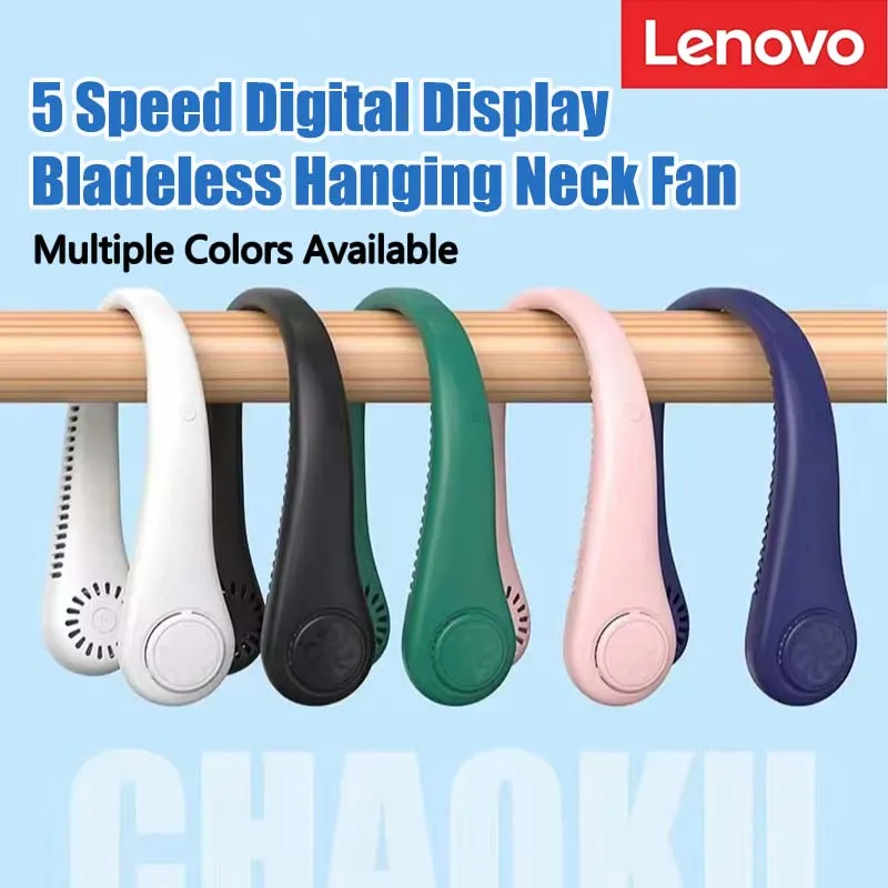 Lenovo 5-Gang Digital-Display Blattloser Nackenventilator USB-Aufladung Tragbarer Faltbarer Mini-Elektroventilator für Sportler