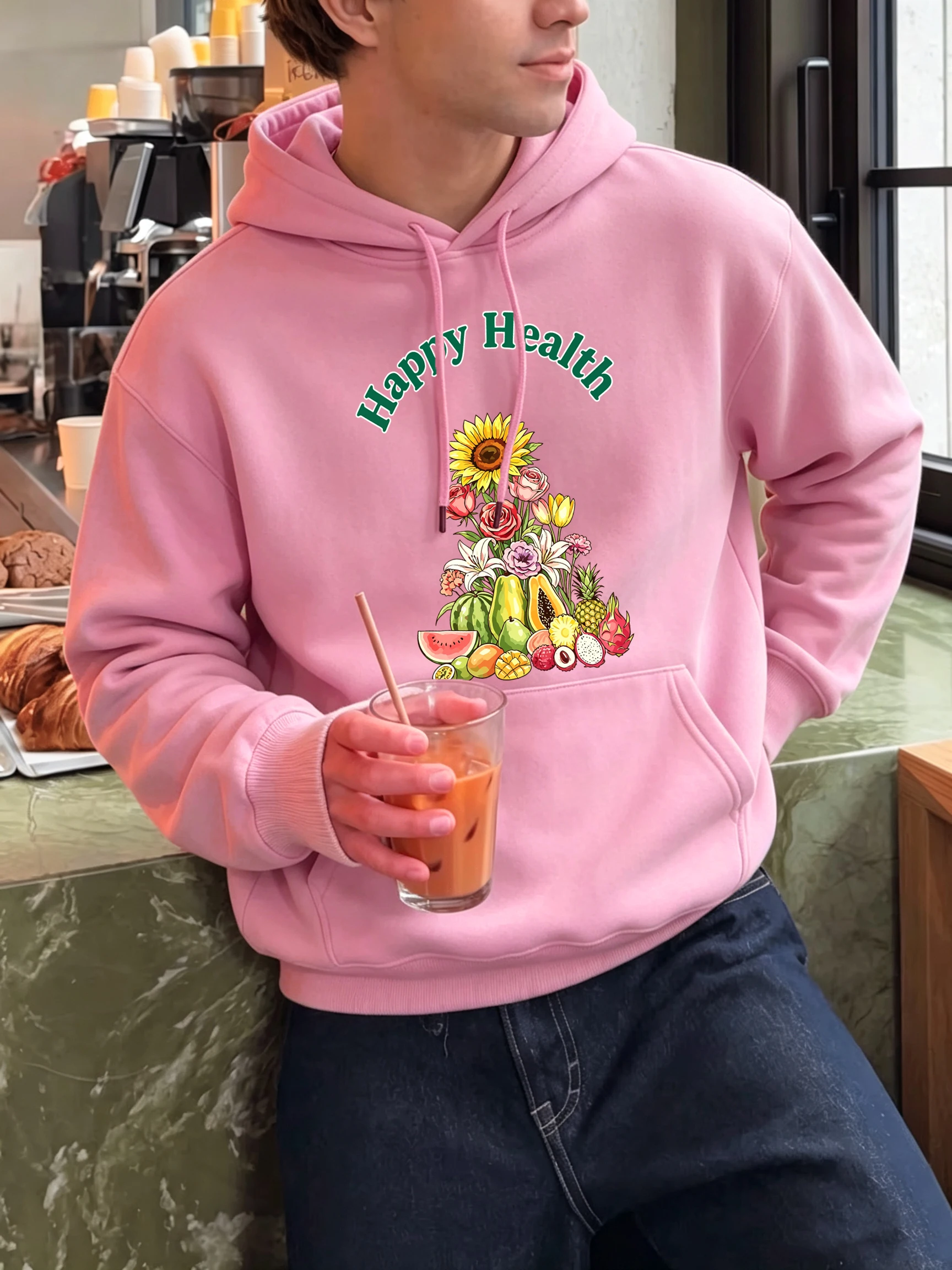 Happy Health Mixed Fruits Floral Print Men'S Hoody Loose Hoodies Fleece All-Match Pullovers Autumn Pocket Male Sportswear