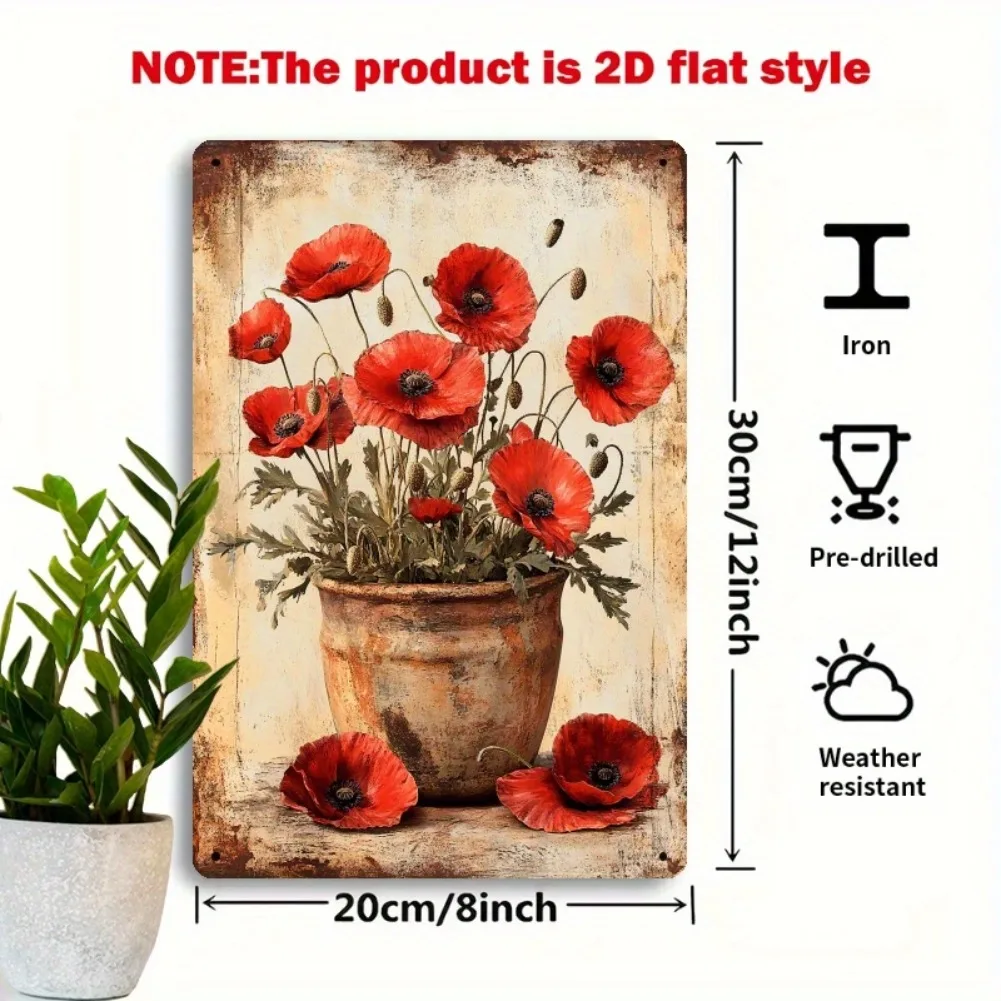 Rustic Poppies 2D Flat Metal Wall Art - 8x12