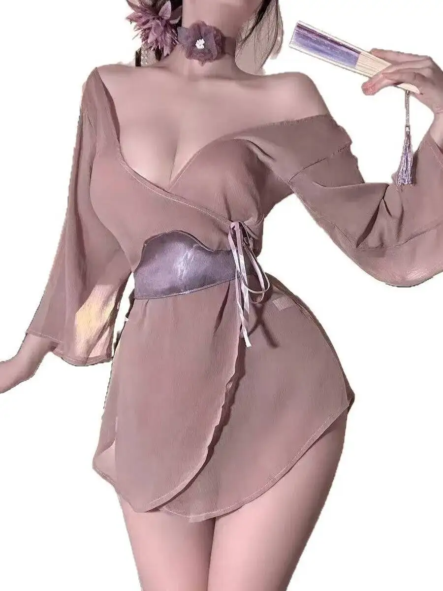 Breloque violette Sexy pour femmes, Kimono Hanfu, manches larges, épaules dénudées, dos nu, Robe de boîte de nuit, Robe de combat, 2GFZ