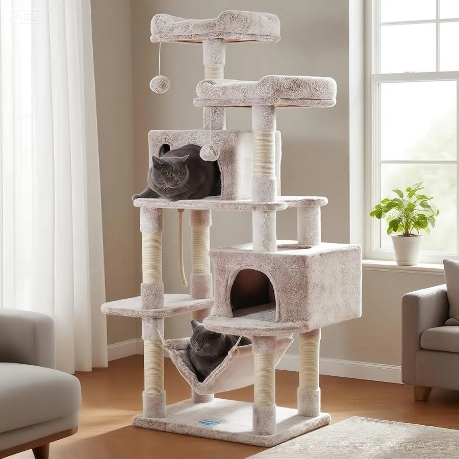 

Hey-brother Large Multi-Level Cat Tree Condo Furniture with Sisal-Covered Scratching Posts, 2 Bigger Plush Condos, Perch Hammock