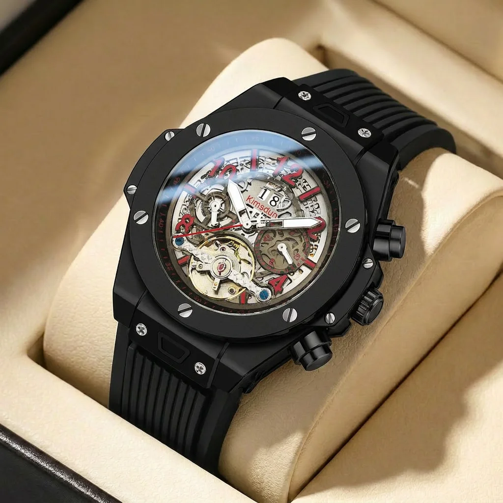 

1pcs Men's black dial silicone strap vintage fashion skeleton gear luxury details Mechanical Watch for business party holiday