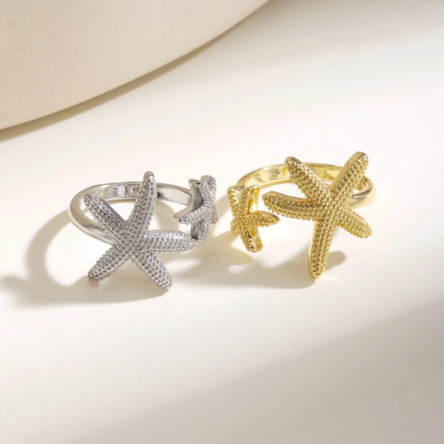 Nidin Ins Trendy Textured Double Starfish Open Ring For Women Ladies Ocean Theme Statement Rings Holiday Party Jewelry Gifts