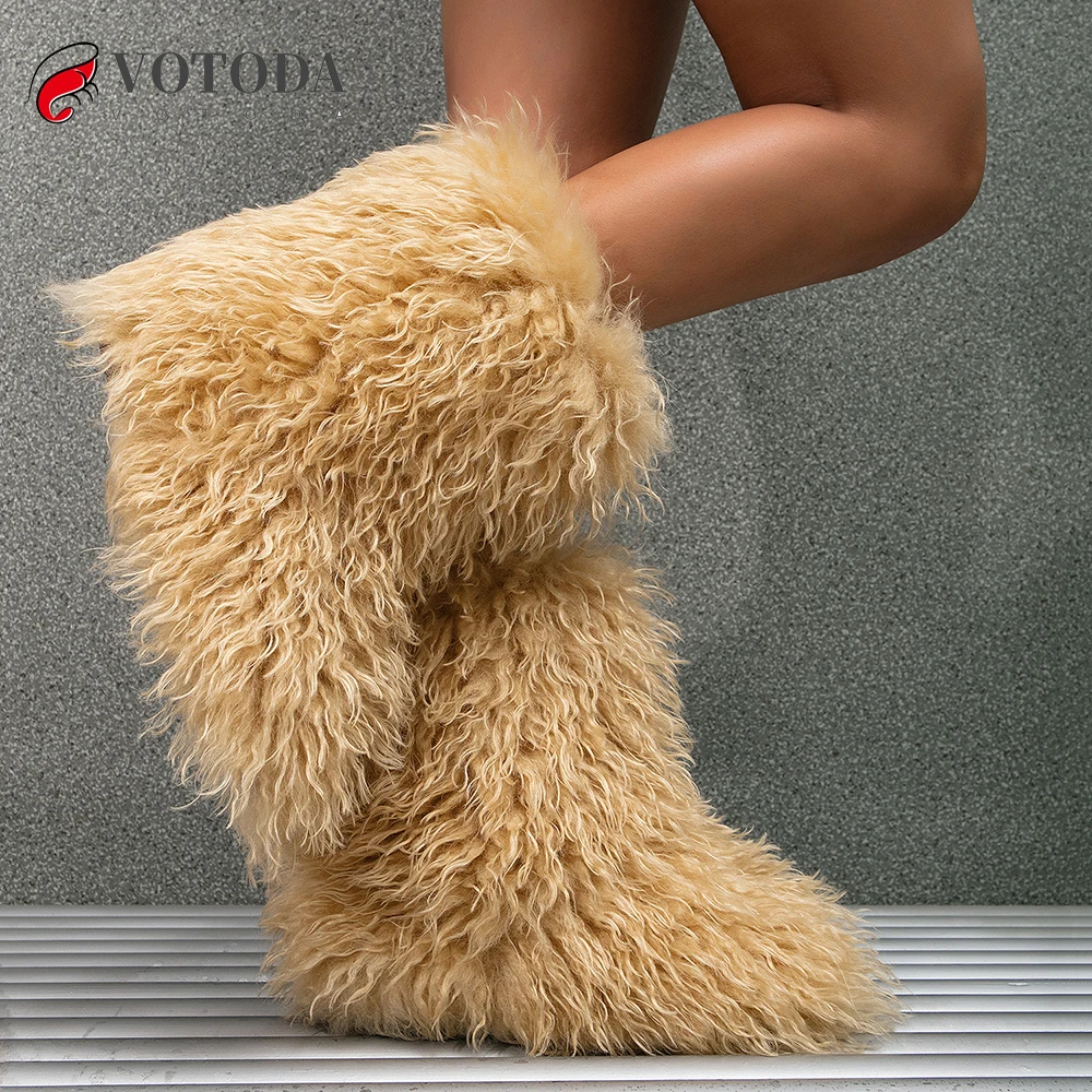 Botas de nieve de piel de peluche para mujer, zapatos peludos, esponjosos y cálidos, botas de lana sintética, botas de moda, botas de piel mongol para mujer, Invierno