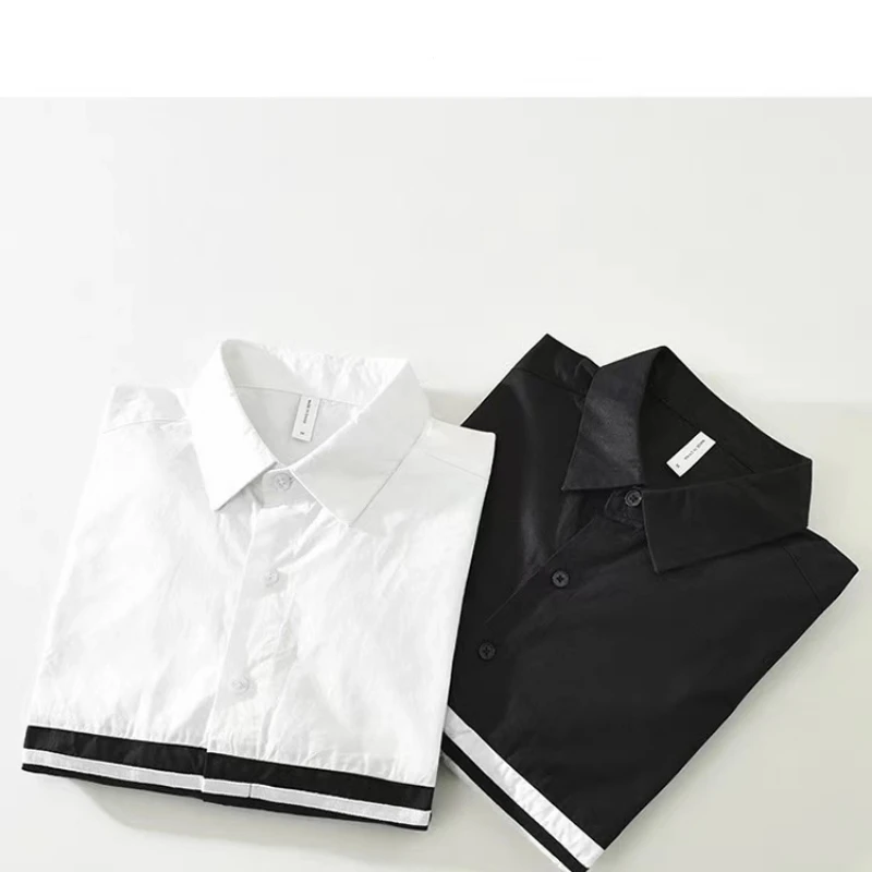 Polo Neck Contrast Patchwork Korean Blouse Men's Spring Autumn New Long Sleeve Loose Casual Shirt Tops Fashion Trend Men Clothes