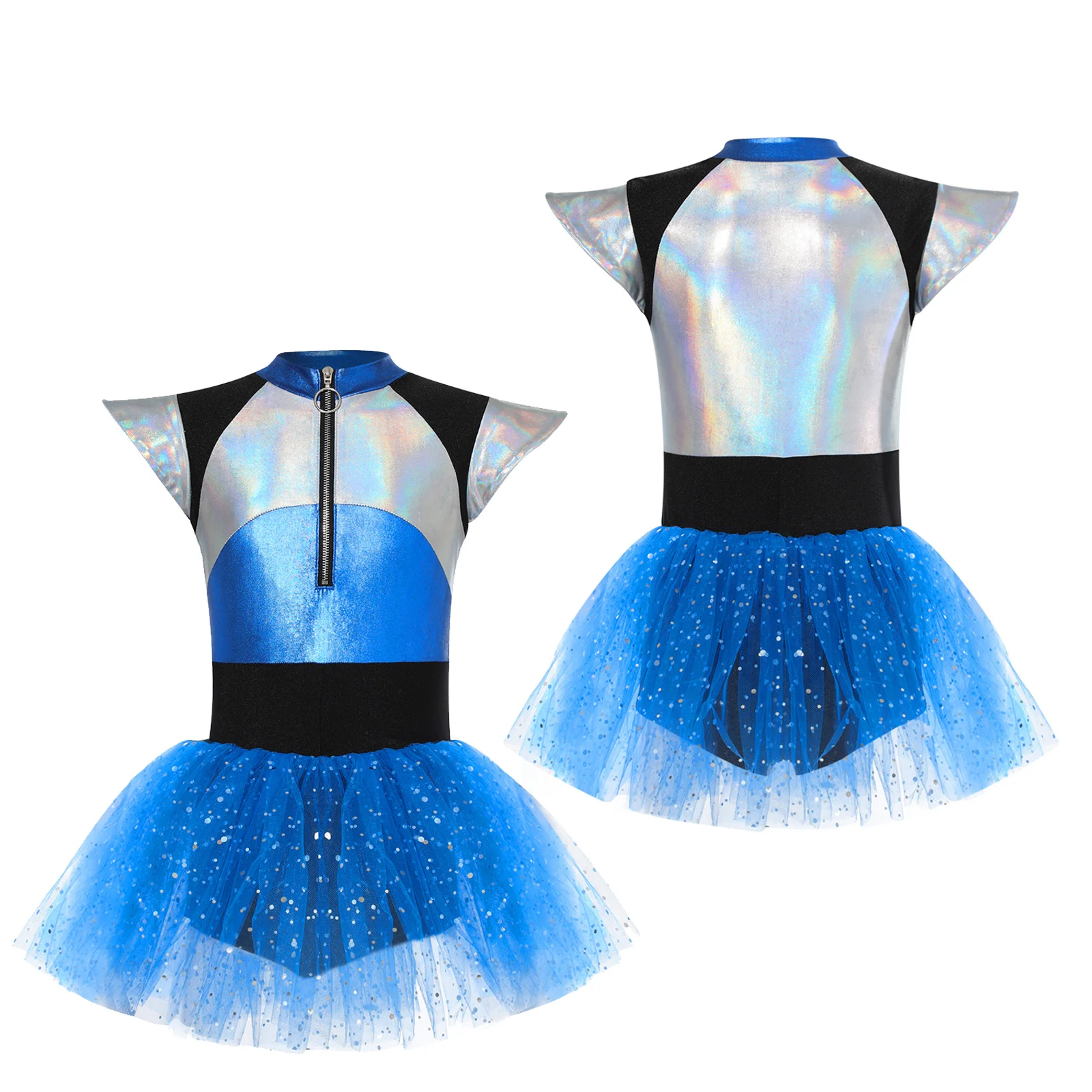 Girls Halloween Alien Astronaut Future Robot Cosplay Costume Cheerleading Dress Performance Costume Shiny Tutu Dress Bodysuit