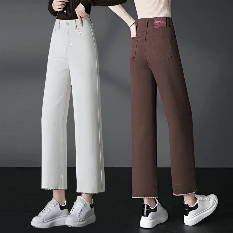 

Белые прямые джинсы для женщин, весенне-осенние новые повседневные универсальные узкие широкие брюки с девятью точками для миниатюрных размеров