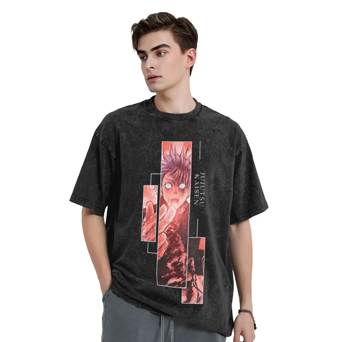 Gojo Satoru T Shirt Washed Short Sleeve High Street T-Shirts Anime Jujutsu Kaisen Novelty Men Women Tops Streetwear Summer Tees