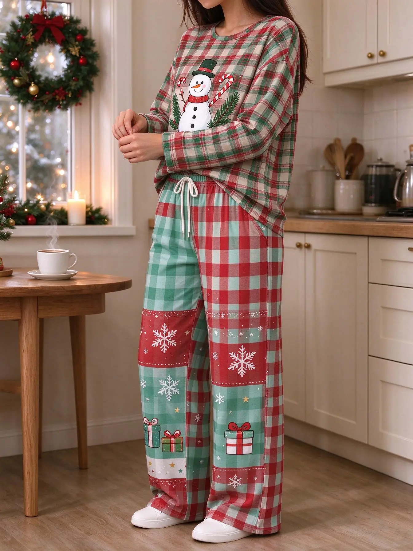 Women Imitation Cotton Loungewear Set Christmas Patchwork Plaid Snowman Gift Box Print Long Sleeve Pajamas