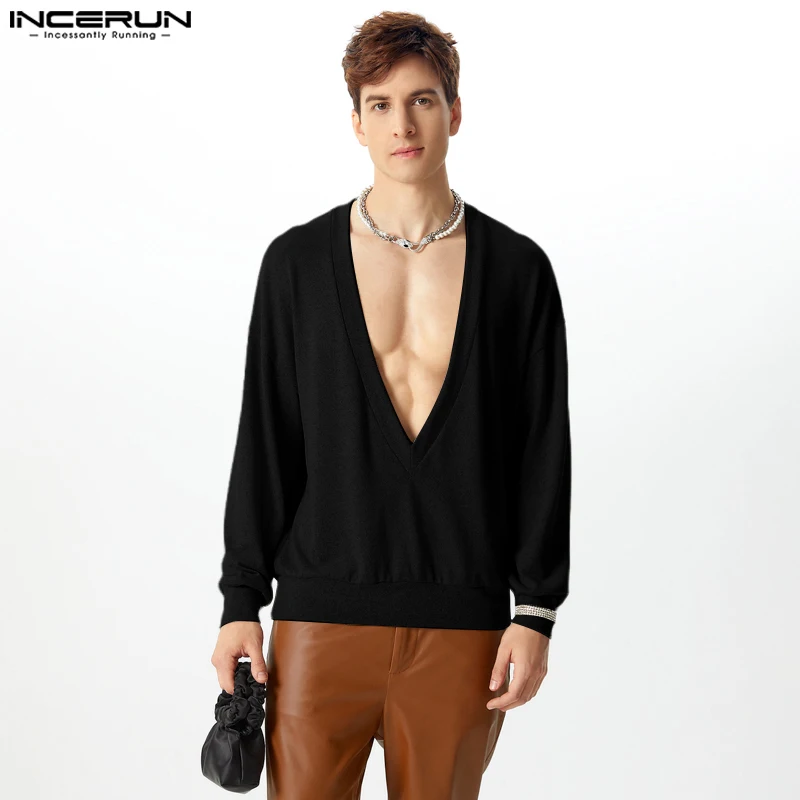 Handsome Well Fitting Tops INCERUN Men's Fashion Sexy Deep V-neck Pullovers Casual Streetwear Solid Long Sleeved Sweaters S-5XL