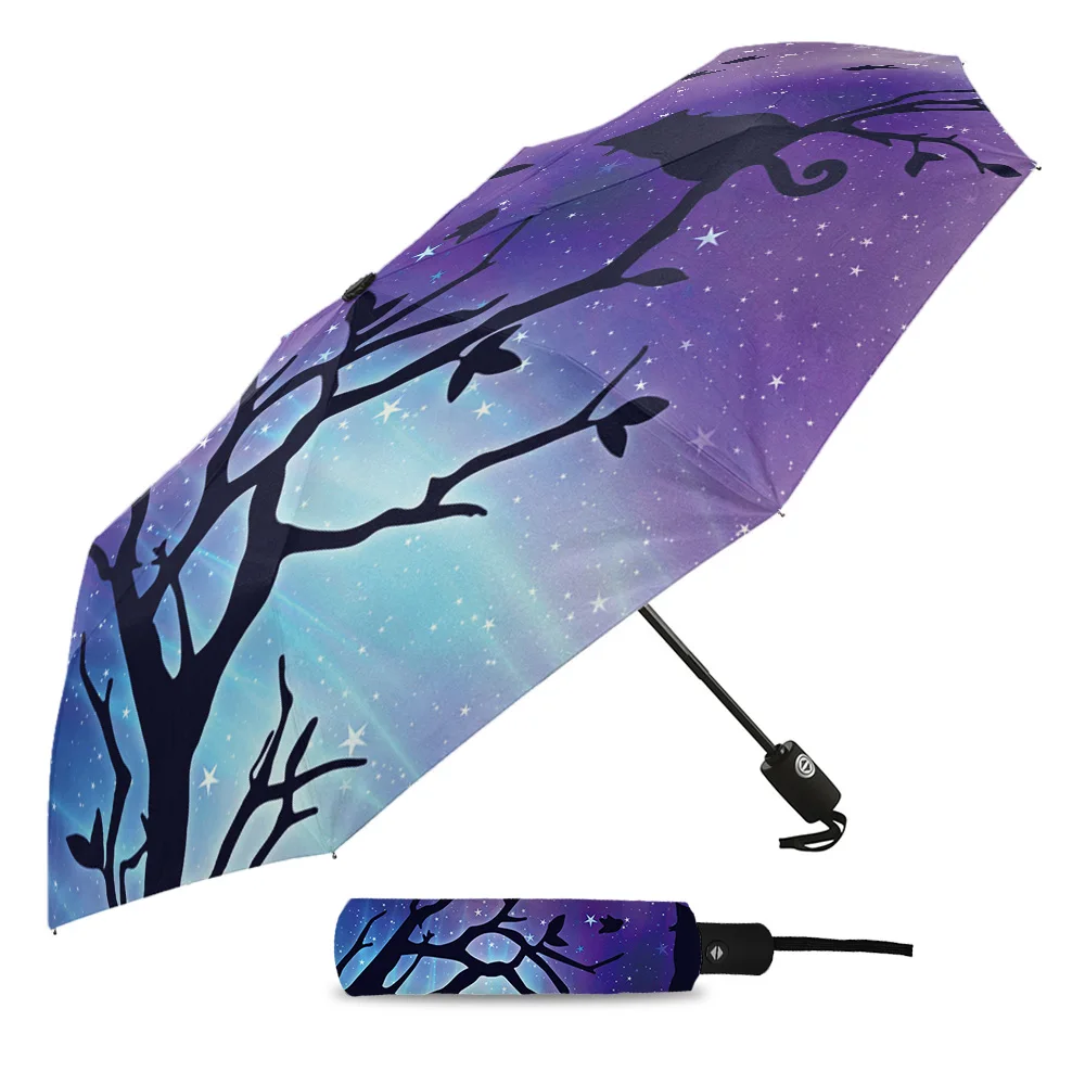 Night Sky Cat Branch Silhouette Creative Umbrella Rain Women Automatic Three Folding Umbrellas Windproof Parasol Parapluie