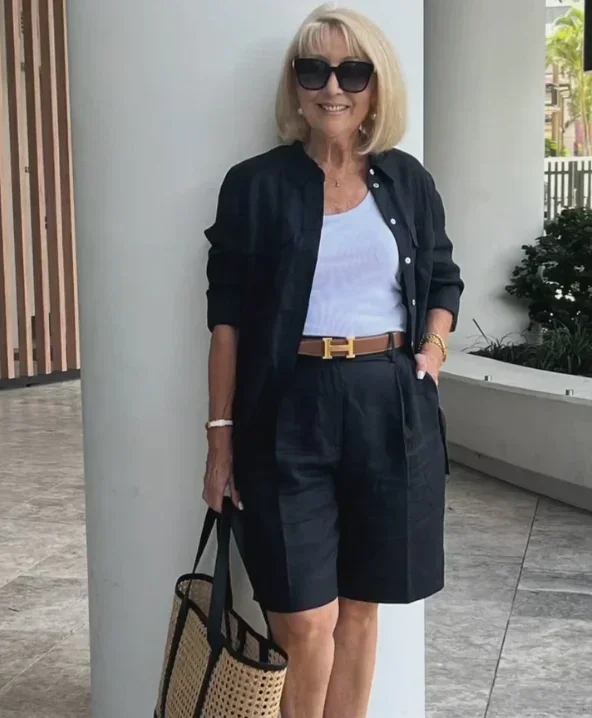 

Spring Women Suit Elegant Black Solid Long Shirt Loose Shorts 2 Piece Set Female Summer Casual Suits Formal Clothes Lady
