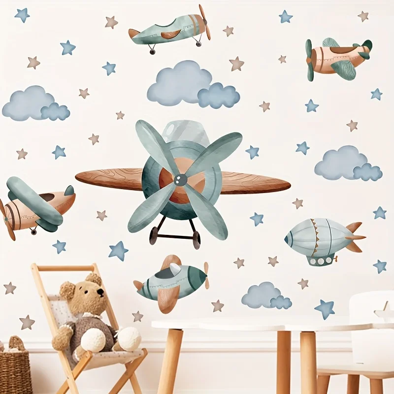 Blue Watercolor Classic Airplane Cloud Wall Stickers Decals Game Playroom Bedroom Home Decor