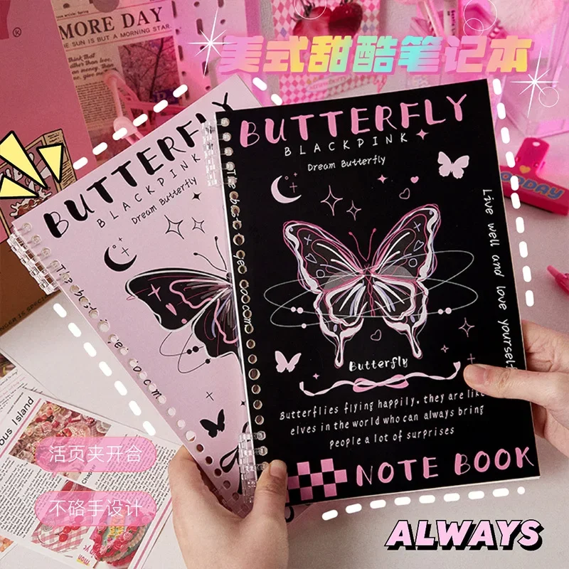 1 Pc Sweet Cool Notebook for Student Girl Retro American Style Butterfly Puppy Scrapbook Horizontal Inner Page Journal Notepad