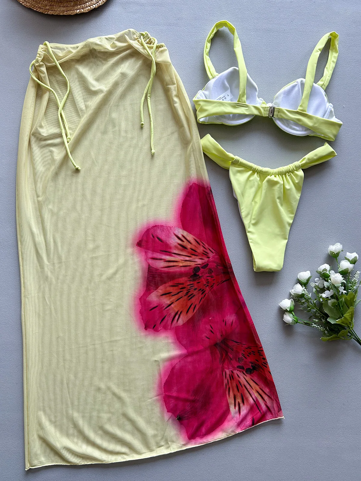 مثير 2025 رفع مجموعة البكيني 3 قطع ملابس السباحة منخفضة الخصر Biquini ملابس السباحة الصيف البرازيلي ثوب السباحة الأزهار بحر تنورة