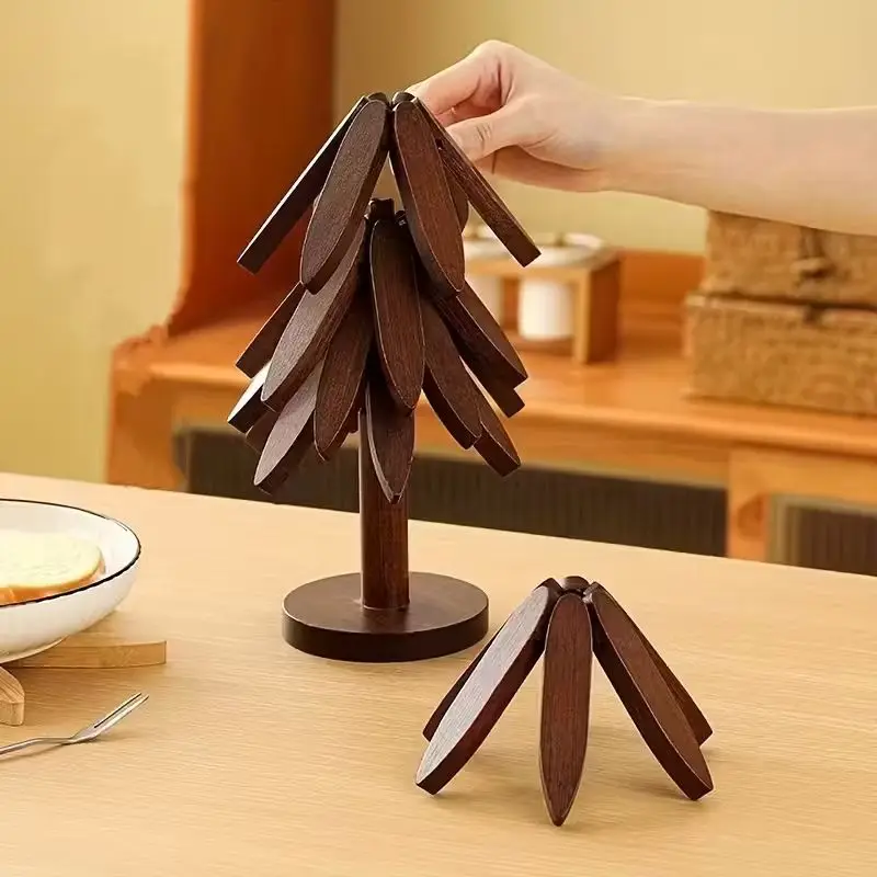 4pcs Heat-Resistant Wooden Walnut Coasters Set, Self-Recovering Creative Tree-Shaped Heat Insulation Non-Slip  Pads,