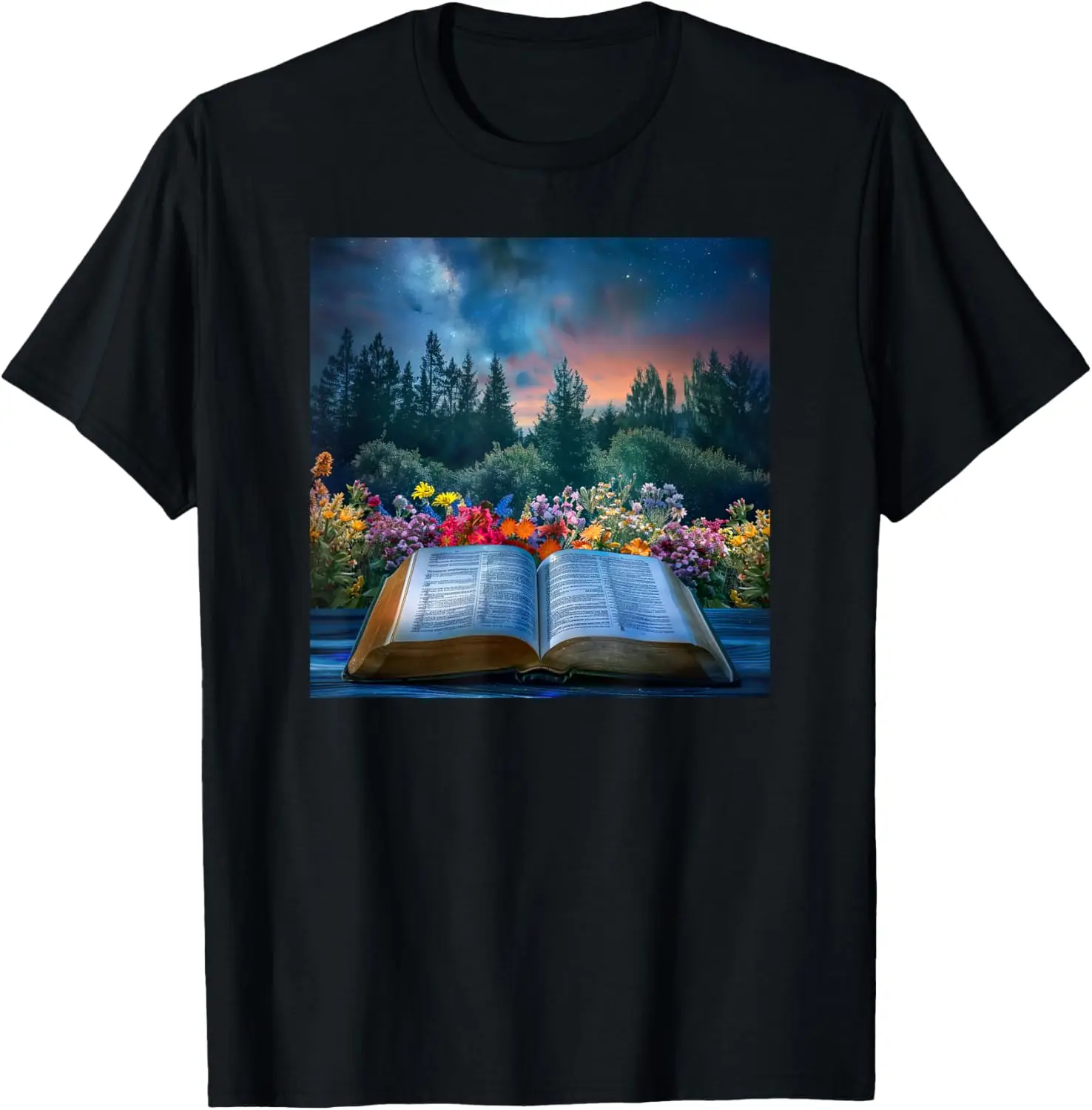 Book Forest Floral Flowers Blossoms Pattern Print T-Shirt